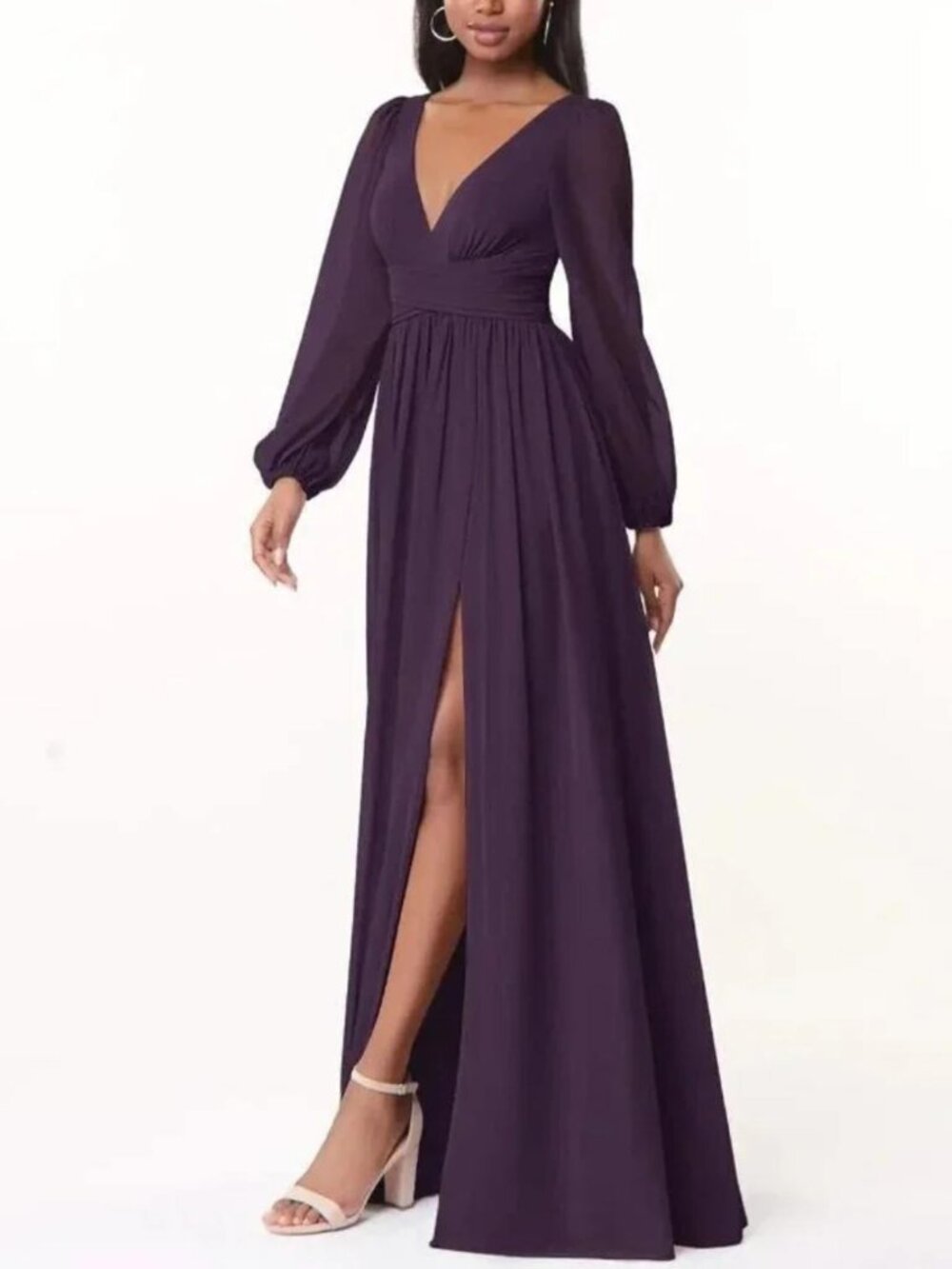 Lulus Adoring You Dark Purple Long Sleeve Maxi Dress side slit chiffon gown